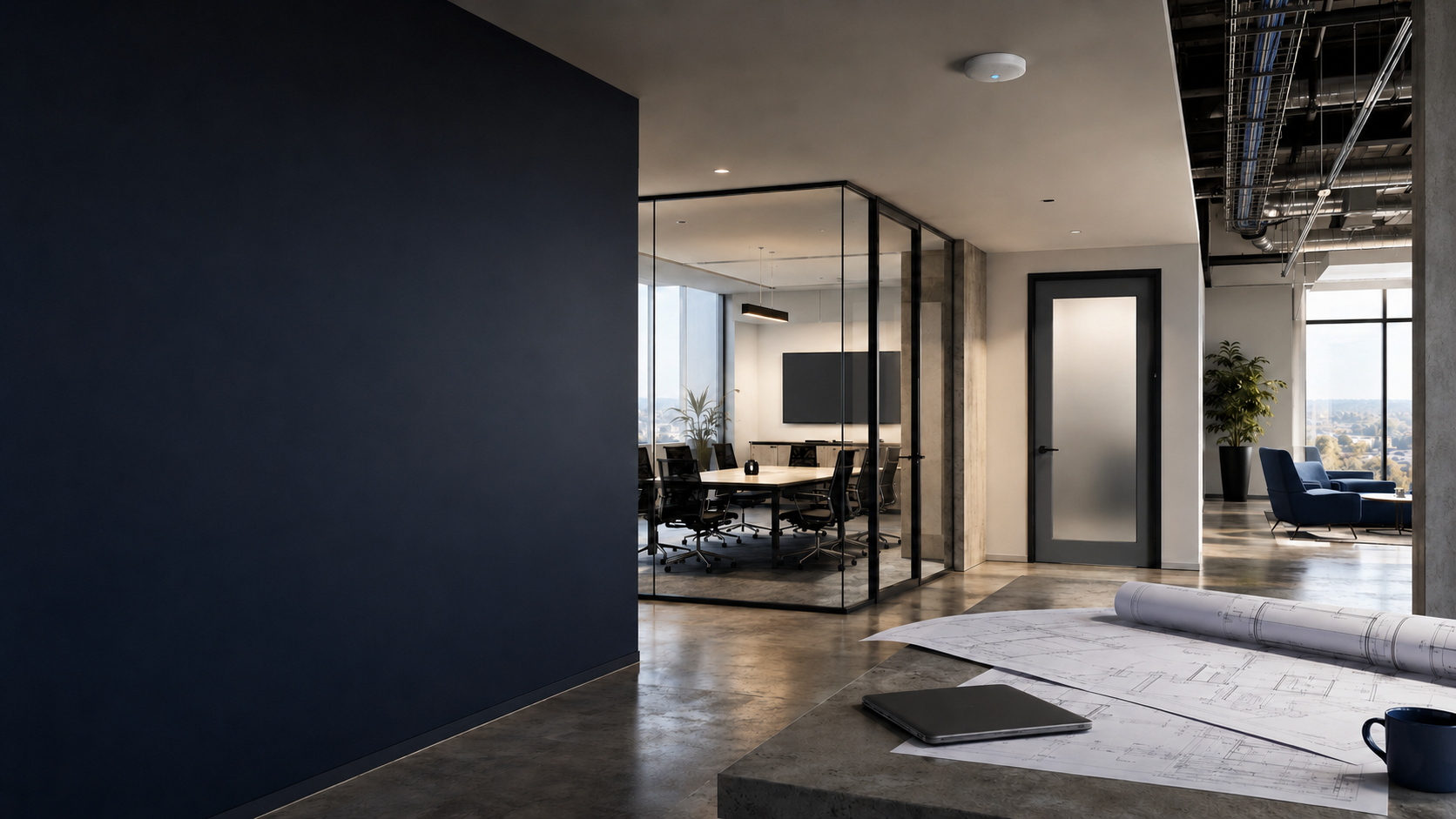 Modern commercial office with visible infrastructure planning, secure technology space, and organized cable pathways